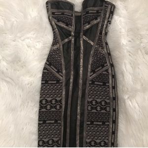 HERVE LEGER Strapless Gunmetal Chain Dress